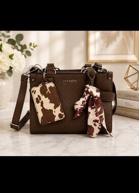 Steve Madden Dark Brown Pebbled Purse with Cow Print Credit Card Case and Twilly